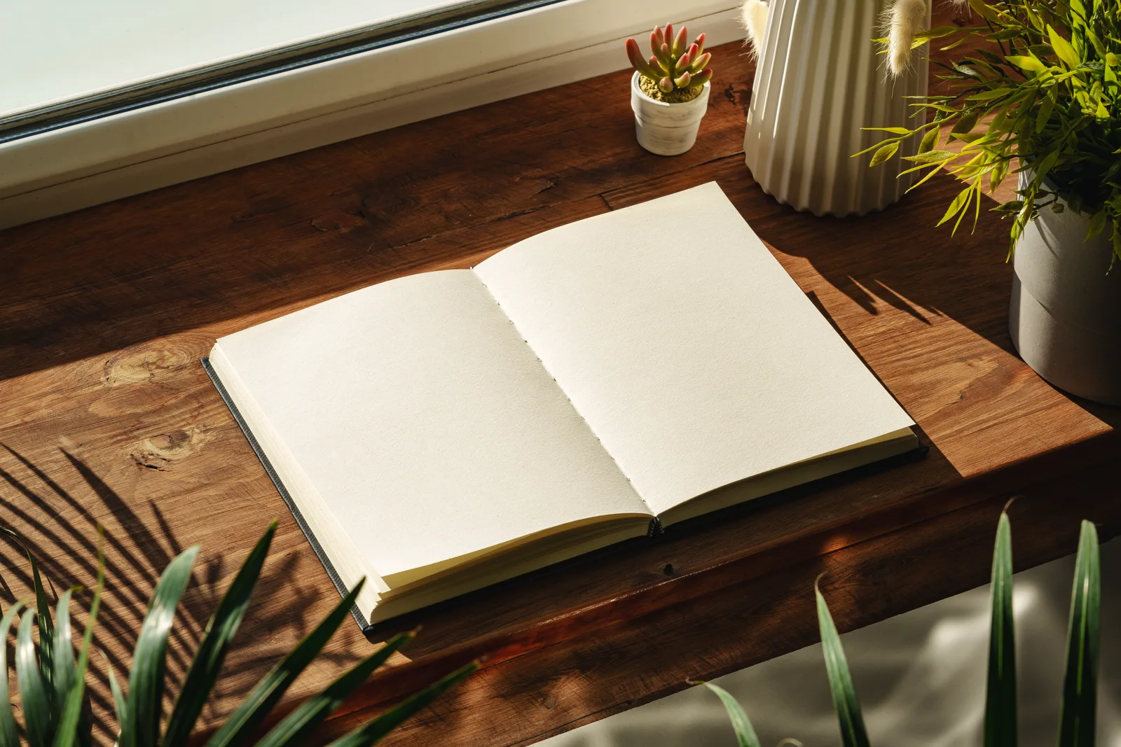 A blank notebook open on a wooden desk with potted plants nearby in soft natural light, suggesting calm reflection