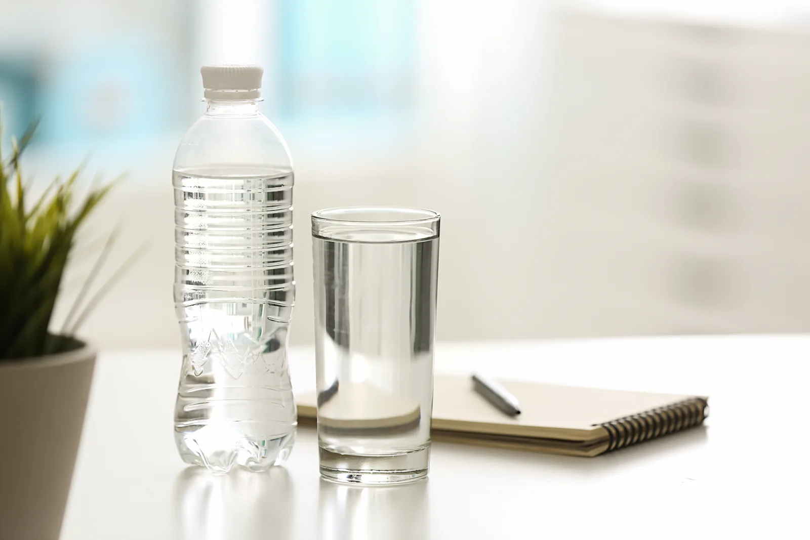 A still life of a water bottle, a glass of water, and fresh accents on a clean surface, suggesting a daily hydration habit