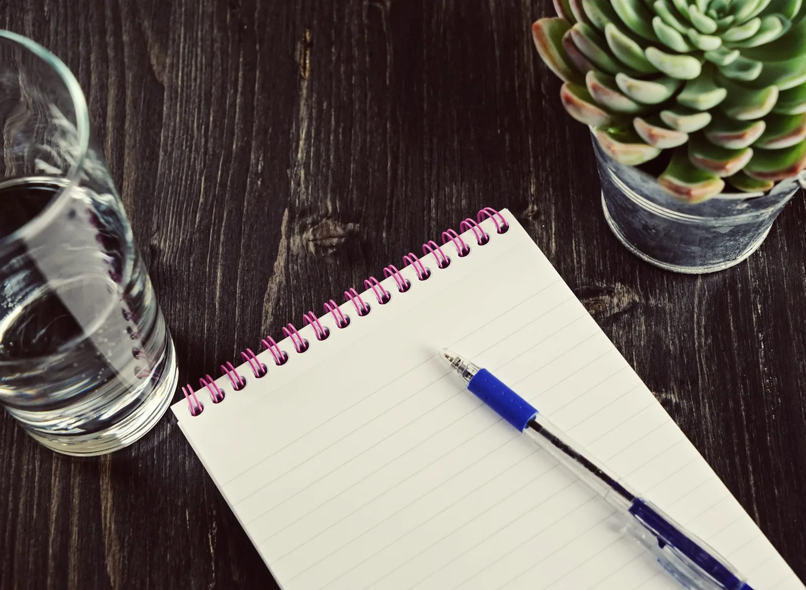 A simple desk with a notebook, pen, glass of water, and a small plant in soft natural light
