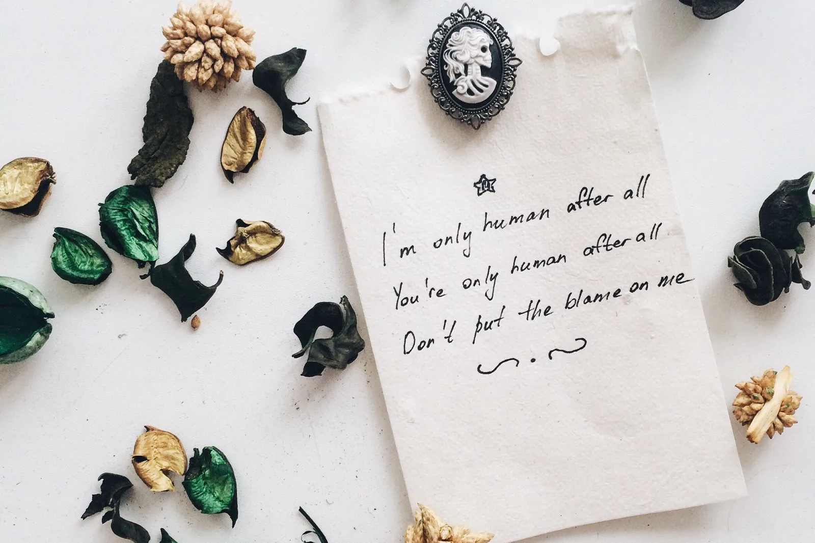 A handwritten card with a quote resting on a linen surface beside dried flowers, warm light